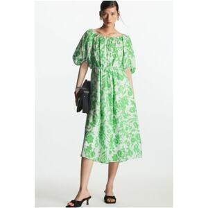 COS Off the Shoulder Cotton Oversized Bright Green Floral Boho Midi Dress | 12